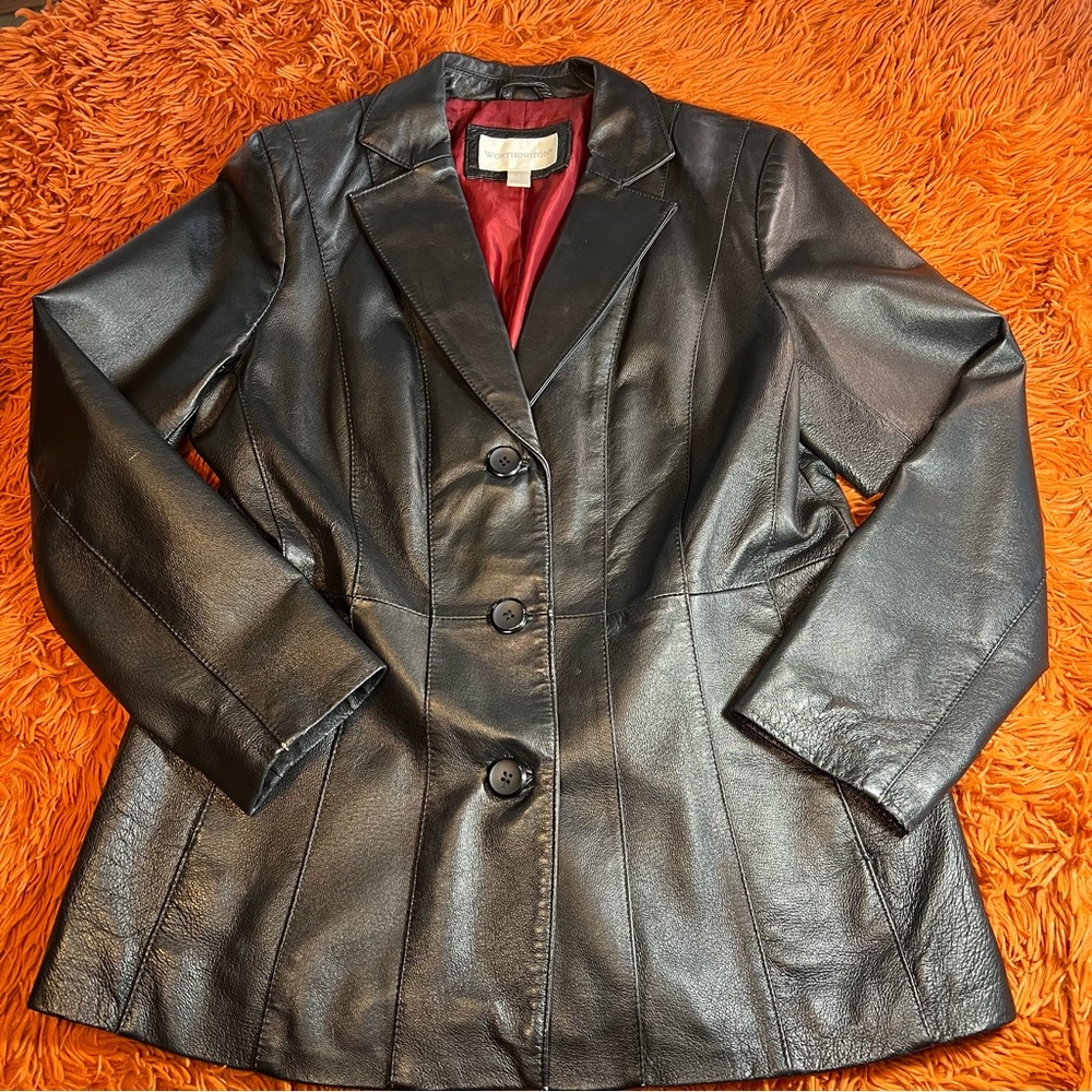 Women’s Worthington 100% Leather Coat Jacket sz Petite Large Black 3 Button